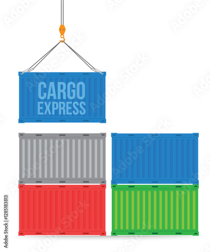 Freight shipping container hanging on crane hook stock illustration