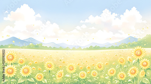 A sunflower field under a bright, clear blue sky, with the sun shining warmly, Generative AI