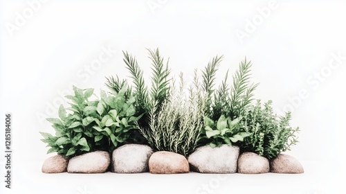 Lush Green Plants and Brown Stones Against White Background