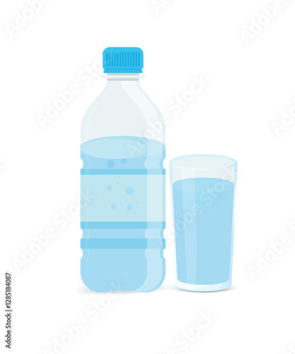 Plastic bottle and drinking glass vector illustration on isolated background