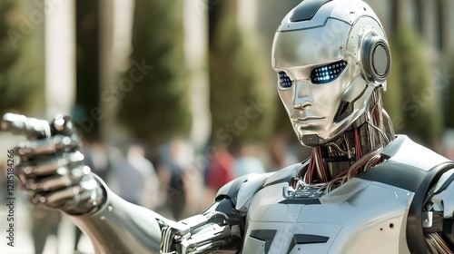 Futuristic humanoid robot with blue glowing eyes in urban environment