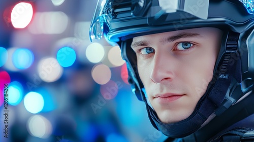 Close-Up Portrait of Police Officer Wearing Helmet and Uniform