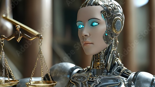Futuristic Robot Holding Scales of Justice in Abstract Setting