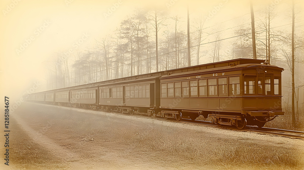 Fog-Shrouded Train Through Pine Forest Fog-Shrouded Train Through Pine Forest