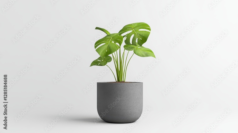Green Monstera Plant in Modern Gray Pot on Minimalist Background Green Monstera Plant in Modern Gray Pot on Minimalist Background