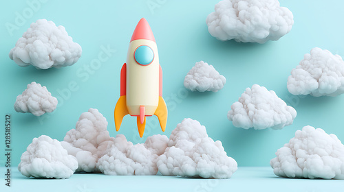 A vibrant 3D render of a rocket icon surrounded by abstract clouds, symbolizing launching a new project. photo