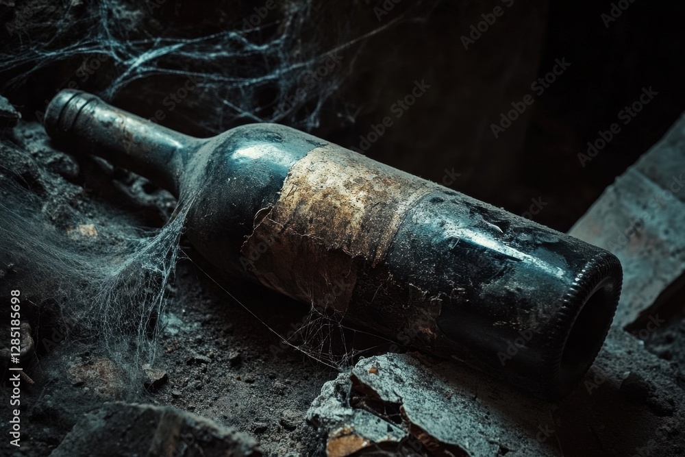 Obraz premium Exploring a dusty old wine bottle lying on its side in an abandoned cellar capturing the essence of forgotten treasures gritty environment macro photography rustic charm