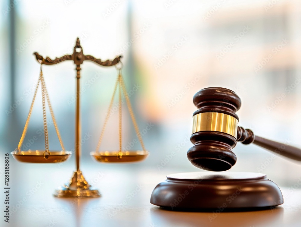 Legal Justice Symbolized by Gavel and Scales Representing Law and Order in Courtroom Setting. Legal Justice Symbolized by Gavel and Scales Representing Law and Order in Courtroom Setting.