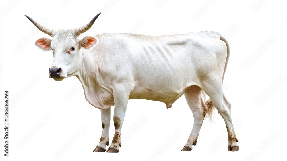 White Cow with Horns Standing Isolated on a White Background White Cow with Horns Standing Isolated on a White Background