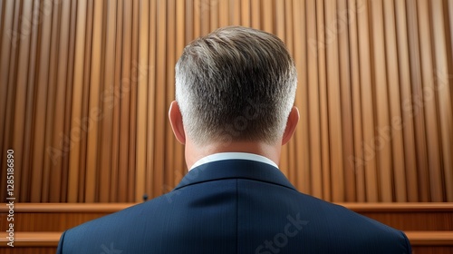 Professional Man in Suit Facing Courtroom Wooden Panel Background