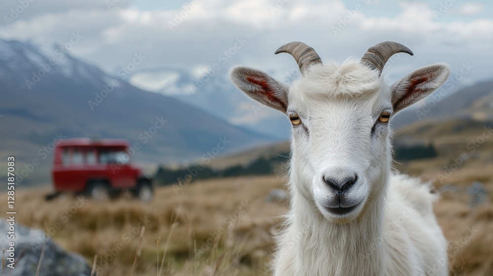 Fototapeta premium Curious Goat Standing in a Scenic Mountain Landscape with a Vintage Red Vehicle in the Background Under a Sky Filled with Soft Clouds