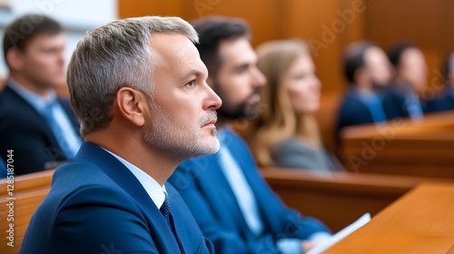 Focused Male Juror Attending Court Proceedings in a Legal Setting