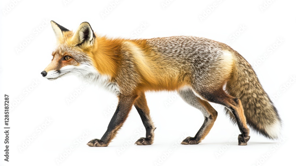 Fototapeta premium Realistic Red Fox Walking on White Background with Natural Colors