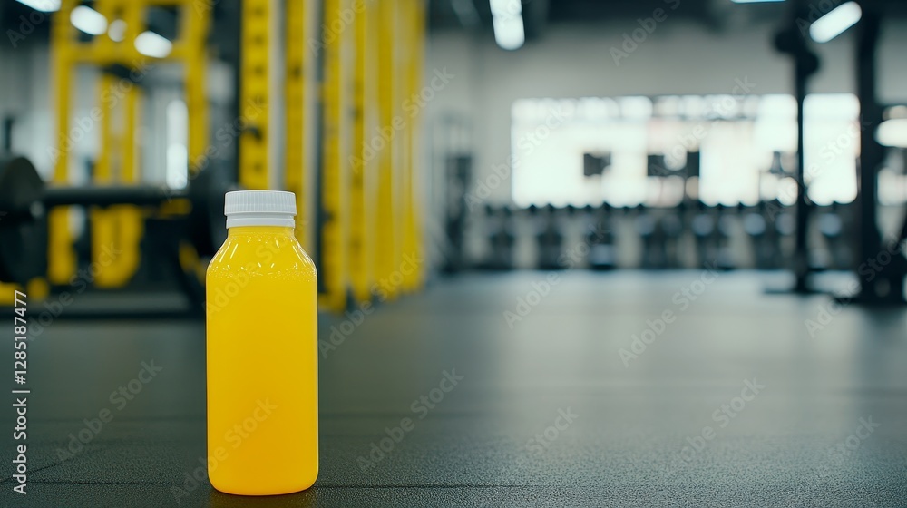 Vibrant Yellow Sports Drink Bottle in Gym Environment Vibrant Yellow Sports Drink Bottle in Gym Environment
