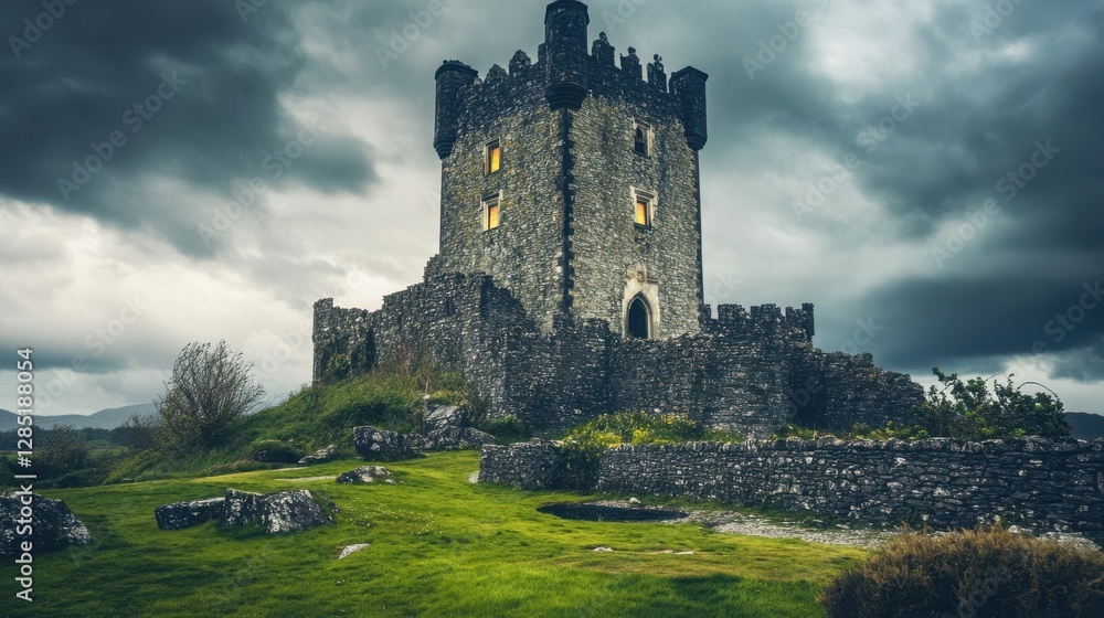 Ancient Stone Tower on Hill Under Dramatic Dark Sky Ancient Stone Tower on Hill Under Dramatic Dark Sky