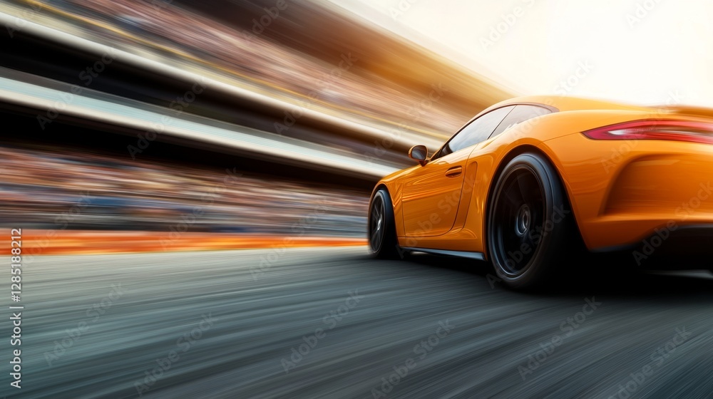 Supercar launching off a hill, momentarily airborne, dramatic slow-motion effect, blurred grandstands in the background Supercar launching off a hill, momentarily airborne, dramatic slow-motion effect, blurred grandstands in the background