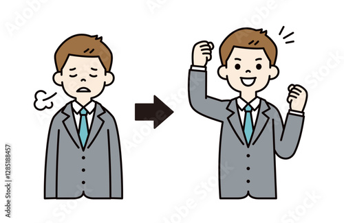 疲れた表情と元気になった表情の、若いビジネスマンのベクターイラスト素材＿線幅の編集可能＿カラー