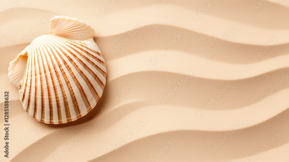 Serene Coastal Scene: Seashell on Rippled Sand Beach, Evoking Summer Vacation Relaxation Serene Coastal Scene: Seashell on Rippled Sand Beach, Evoking Summer Vacation Relaxation