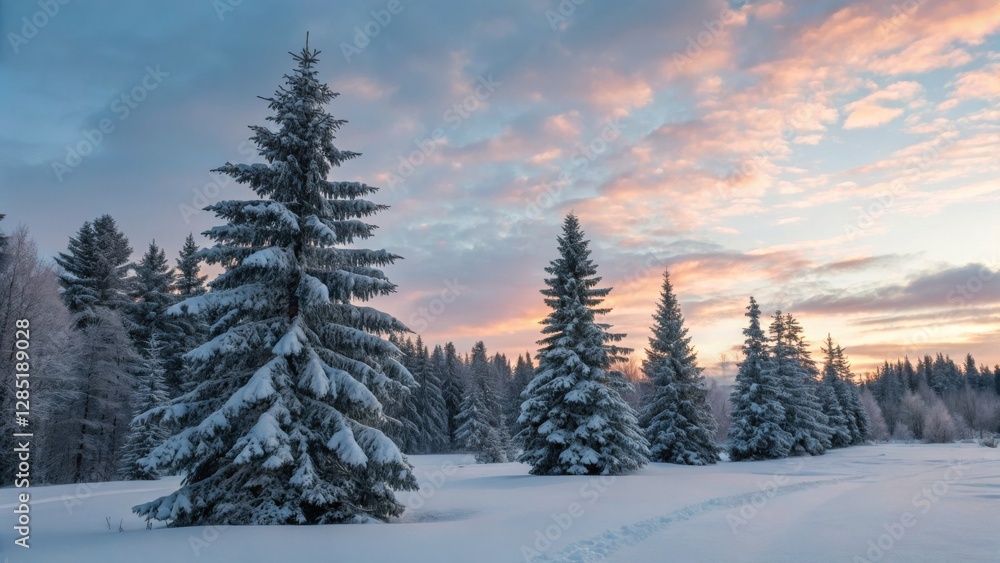 Fototapeta premium A serene winter landscape featuring snow-covered evergreen trees against a pastel sky at dusk.