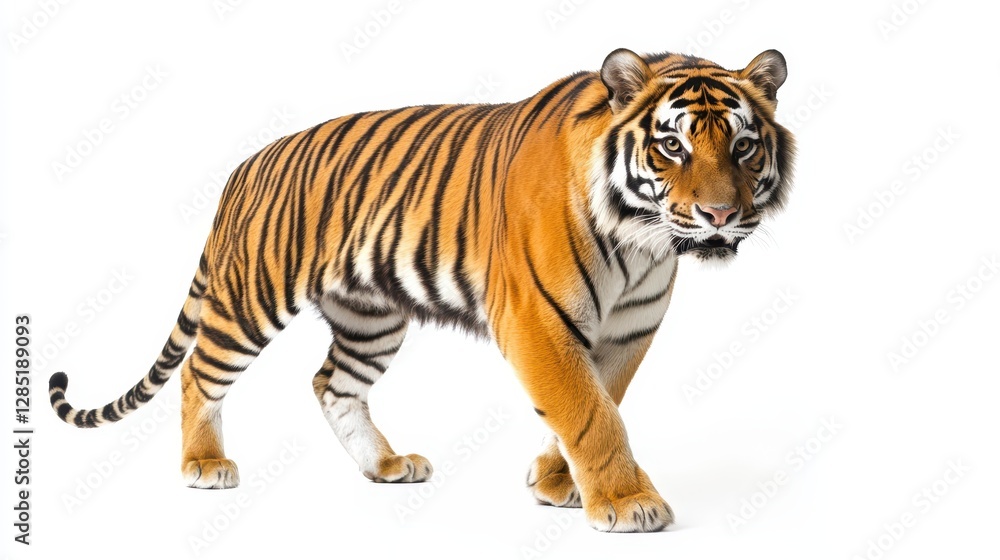 Obraz premium Majestic Tiger Walking Gracefully on White Background