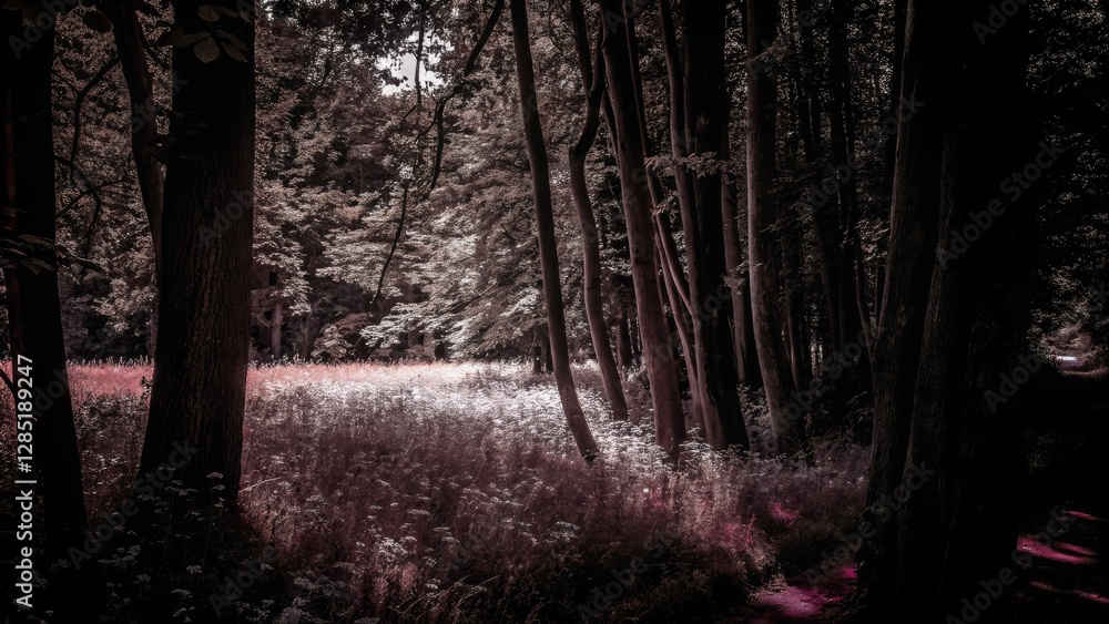 Naklejka premium A serene forest scene with tall trees and a light-filled meadow, creating a peaceful, magical atmosphere.