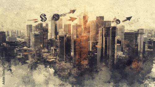 Urban skyline with financial symbols representing growth and investment opportunities