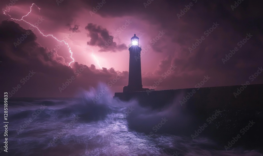 dramatic stormy night with lightning illuminating an ancient lighthouse standing tall against crashing waves, Generative AI dramatic stormy night with lightning illuminating an ancient lighthouse standing tall against crashing waves, Generative AI