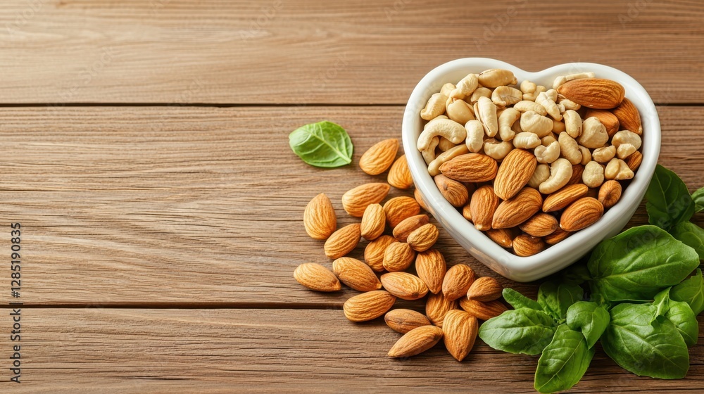 Assorted Nuts in a Heart-Shaped Bowl Placed on a Wooden Table with Fresh Green Leaves and Almonds, Cashews, and Healthy Snacks for Wellness Assorted Nuts in a Heart-Shaped Bowl Placed on a Wooden Table with Fresh Green Leaves and Almonds, Cashews, and Healthy Snacks for Wellness