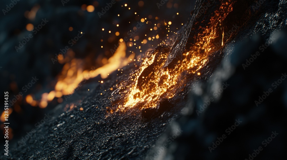 Molten Lava Flowing Down a Volcanic Rock Surface Sparks and Glowing Embers Abstract Background Texture Molten Lava Flowing Down a Volcanic Rock Surface Sparks and Glowing Embers Abstract Background Texture