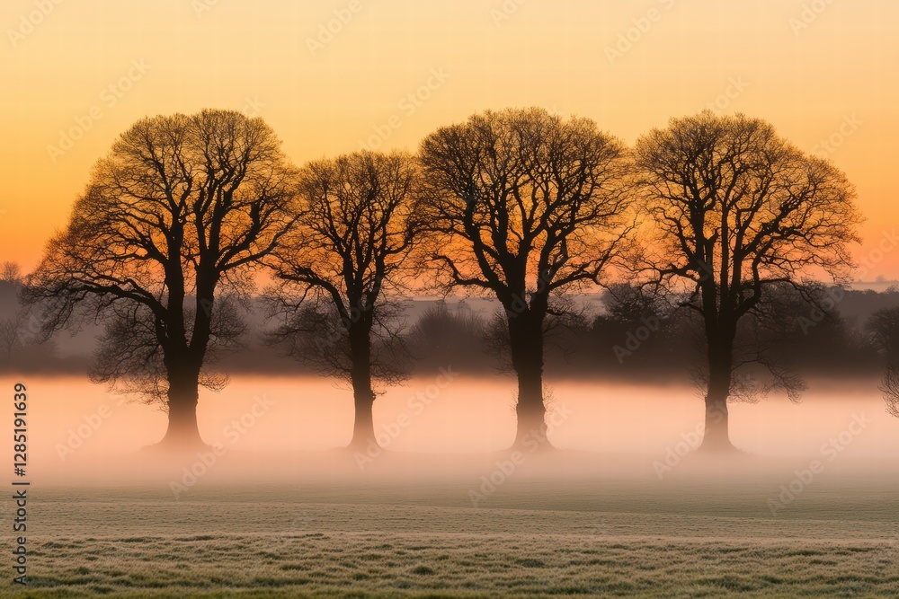 Serene Sunrise Four Silhouetted Trees in Misty Field at Dawn A breathtaking landscape photograph Serene Sunrise Four Silhouetted Trees in Misty Field at Dawn A breathtaking landscape photograph
