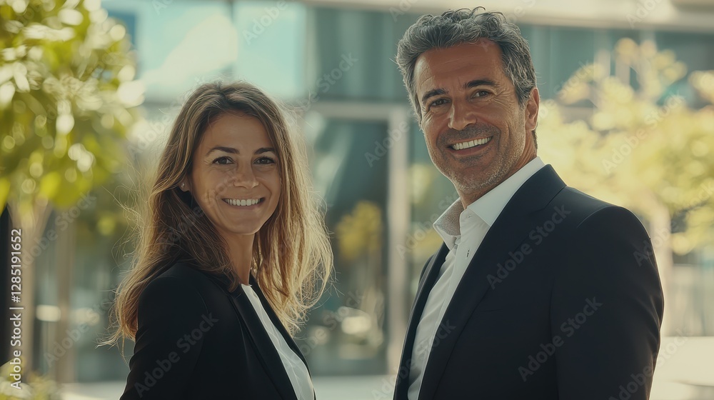 Professional Couple Smiling Confidently in Urban Business Setting Professional Couple Smiling Confidently in Urban Business Setting