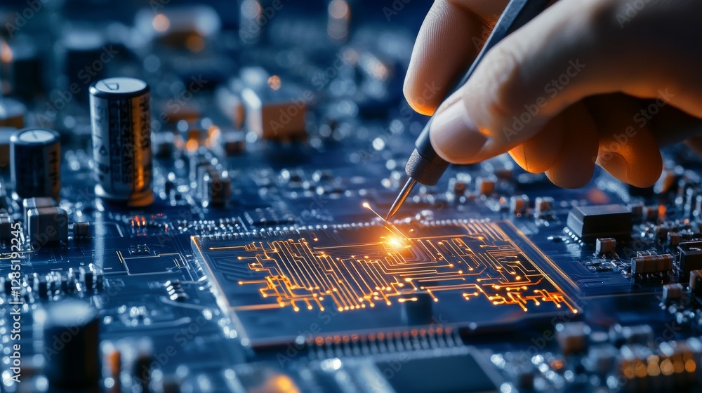 Obraz premium Precision engineering in technology circuit board assembly high-tech lab electronics process close-up view innovation focus