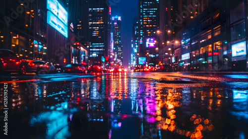 city skyline with neon lights reflecting off wet streets during a rainy night 
