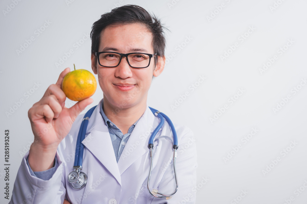 A male doctor stands holding an apple against a white background, promoting healthy eating educates patients on nutrition, wellness, disease prevention through a balanced diet and medical expertise A male doctor stands holding an apple against a white background, promoting healthy eating educates patients on nutrition, wellness, disease prevention through a balanced diet and medical expertise