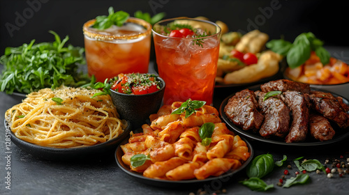 Wallpaper Mural Italian Food Platter Featuring Pasta, Meat, And Drinks Torontodigital.ca