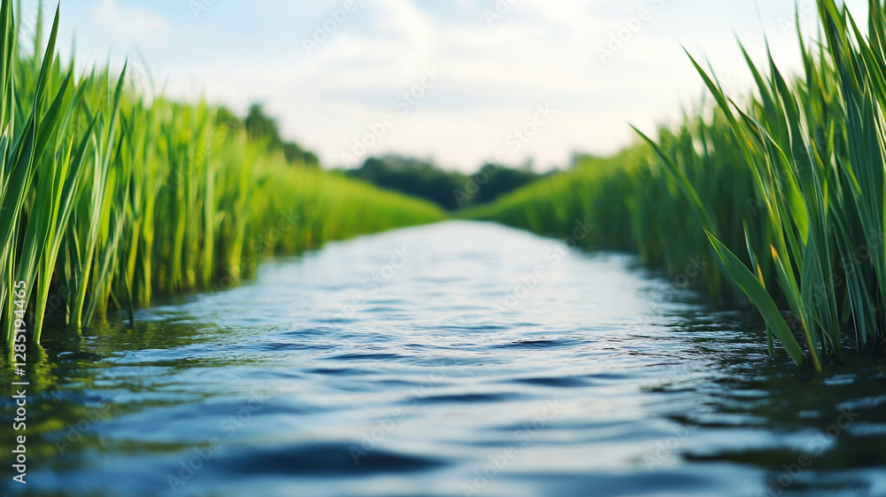 Obraz premium serene river flows between lush green rice fields, reflecting sky