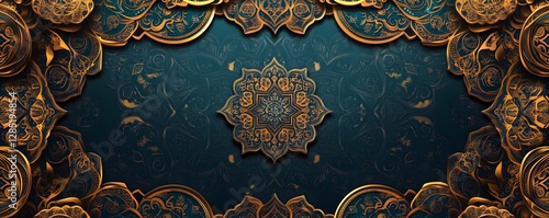 Intricate gold designs frame a dark teal patterned background