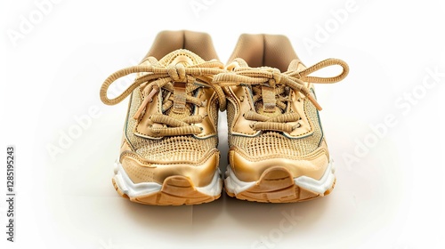 Gold children's sports shoes on white background in empty room