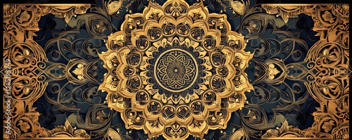 Ornate golden mandala with intricate floral details on dark backdrop