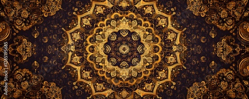 Golden ornamental mandala design with intricate filigree details adorns background