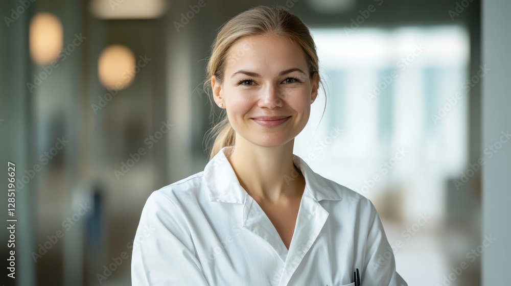 Smiling Female Doctor in White Lab Coat in Modern Hospital Setting Smiling Female Doctor in White Lab Coat in Modern Hospital Setting
