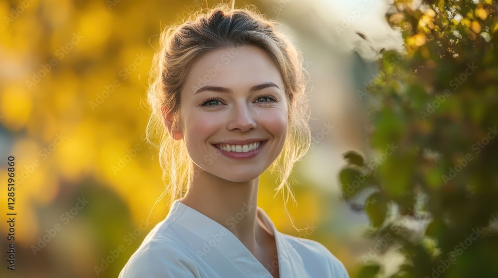 Smiling Young Woman Against a Vibrant Autumn Background Smiling Young Woman Against a Vibrant Autumn Background