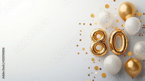Golden balloons and confetti for 80th birthday celebration with white and gold decoration elements for a festive occasion backdrop