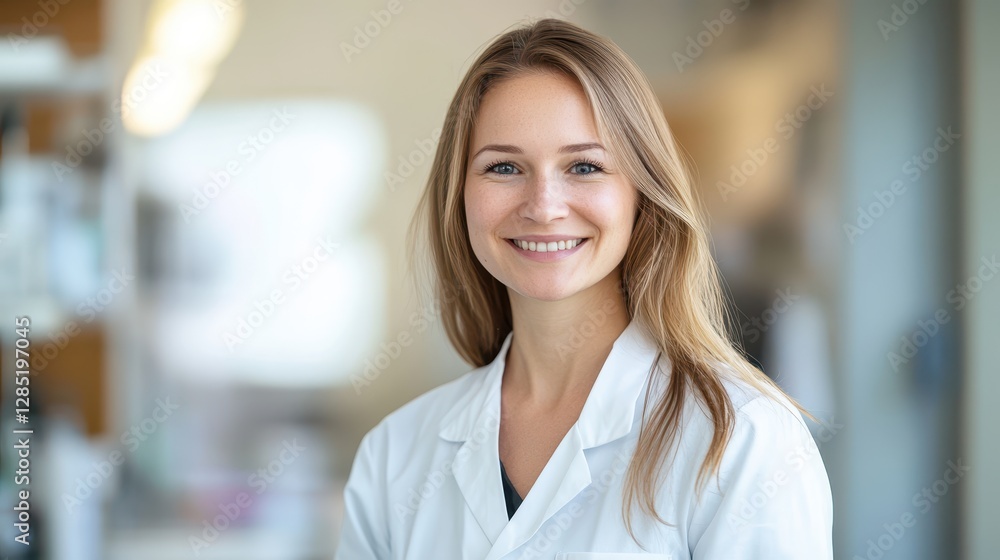 Smiling Female Scientist in White Lab Coat at Modern Laboratory Smiling Female Scientist in White Lab Coat at Modern Laboratory