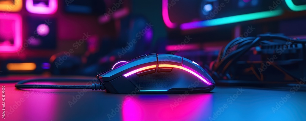 RGB Gaming Mouse in Neon Lit Setup RGB Gaming Mouse in Neon Lit Setup