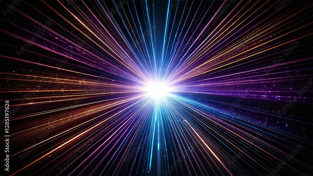 Obraz premium 放射状 魔法のようなキラキラ 宇宙風サンバースト 青紫 ピンク 赤 近未来の雰囲気 背景素材 16:9サイズ AI生成素材