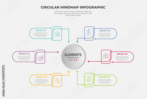 circular mind map infographic outline style with 6 point template with big circle centered with line spreading circular connection for slide presentation
