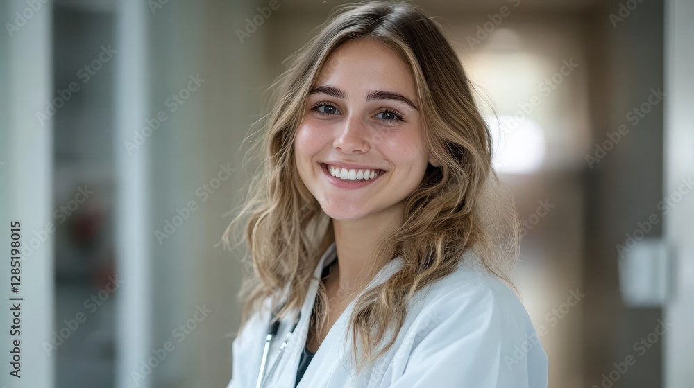 Young Female Doctor Smiling in Hospital Corridor with Confidence Young Female Doctor Smiling in Hospital Corridor with Confidence