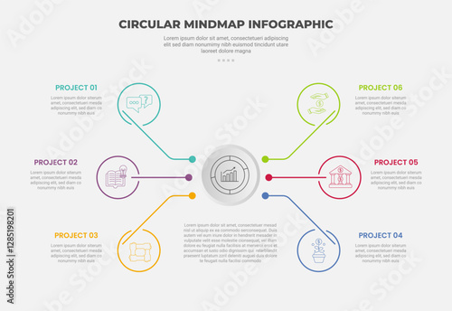 circular mind map infographic outline style with 6 point template with big circle centered with small outline circle connection for slide presentation