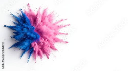Harmonious Blue and Pink Powder Collision on a White Canvas Showcasing Artistic Explosion and Contrasting Colors